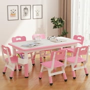 Kids Table and 6 Chairs Set, Height Adjustable Toddler Table and Chair Set, Graffiti Desktop, Children Multi-Activity Table for 6, Kids Study Table for Home Daycare Preschool for Ages 2-8